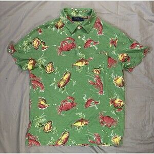 Polo Ralph Lauren Shirt Mens Medium Green Fishing Crab All Over Print Beach